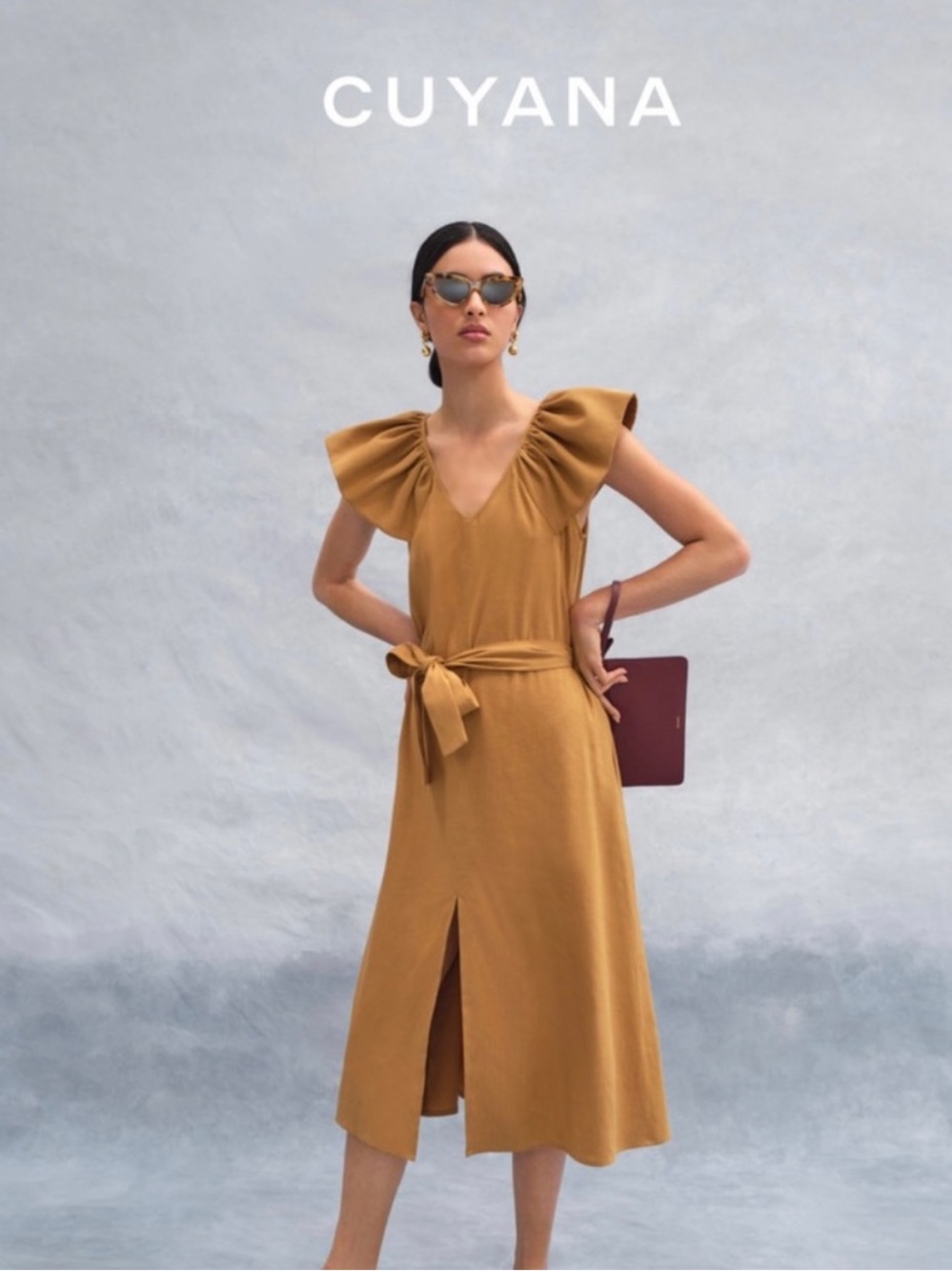 EUC Cuyana Linen Flutter Sleeve Dress Midi Tie-Waist Honey Small NO Belt Include